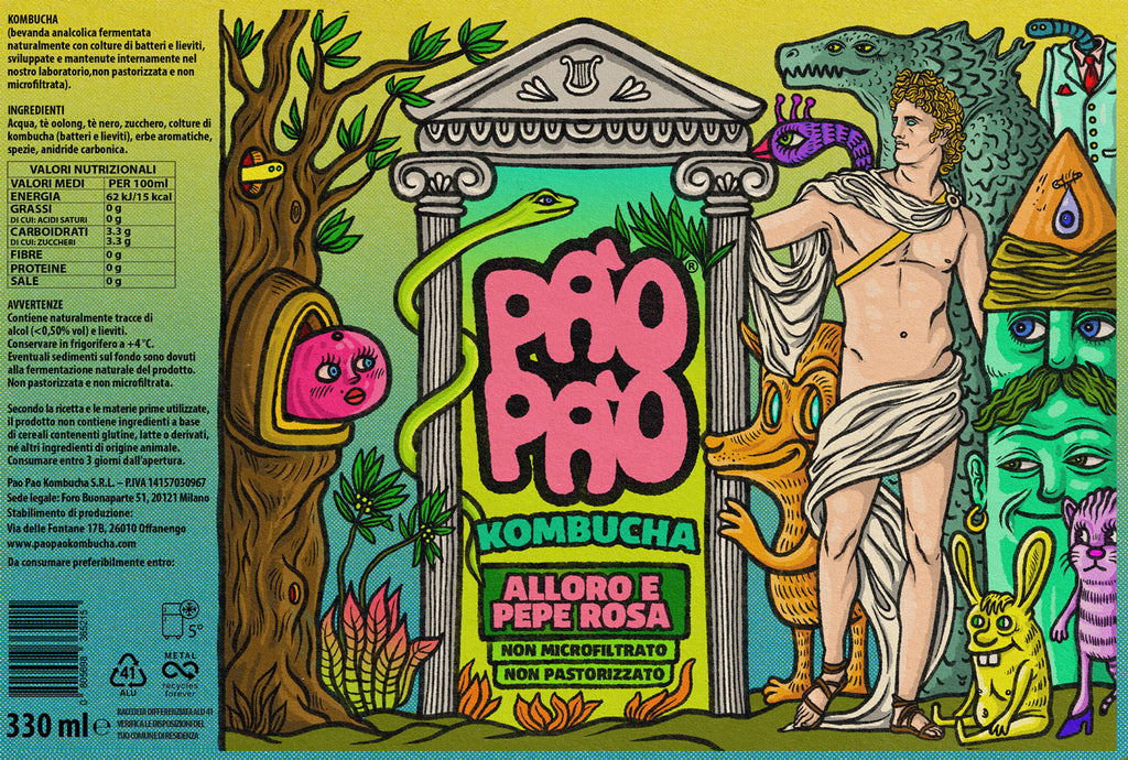 Etichetta kombucha Alloro e Pepe Rosa Pào Pào illustrata