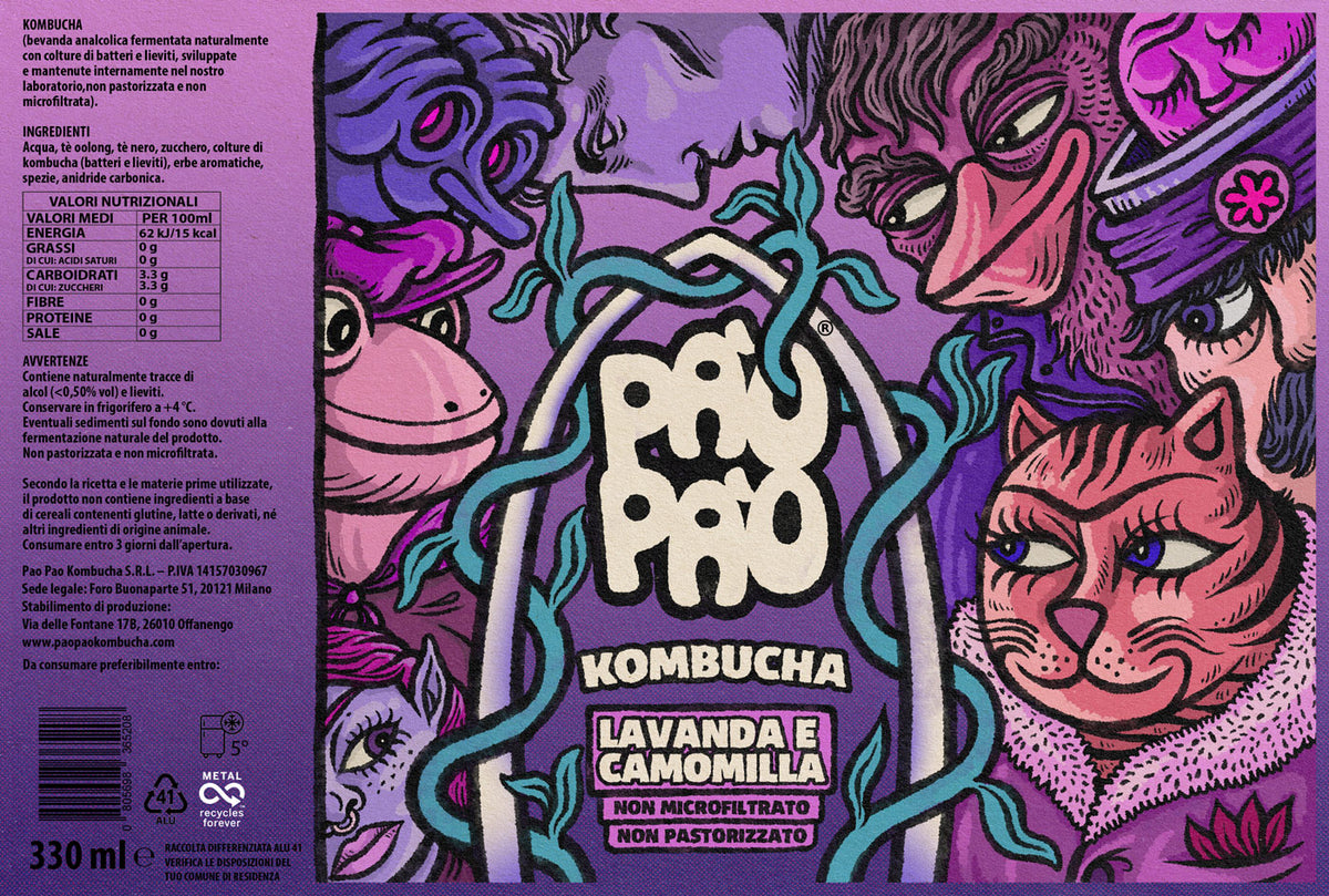 Etichetta kombucha Lavanda e Camomilla Pào Pào illustrata