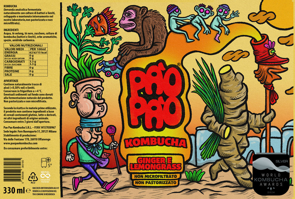 Etichetta kombucha Lemongrass e Zenzero Pào Pào illustrata