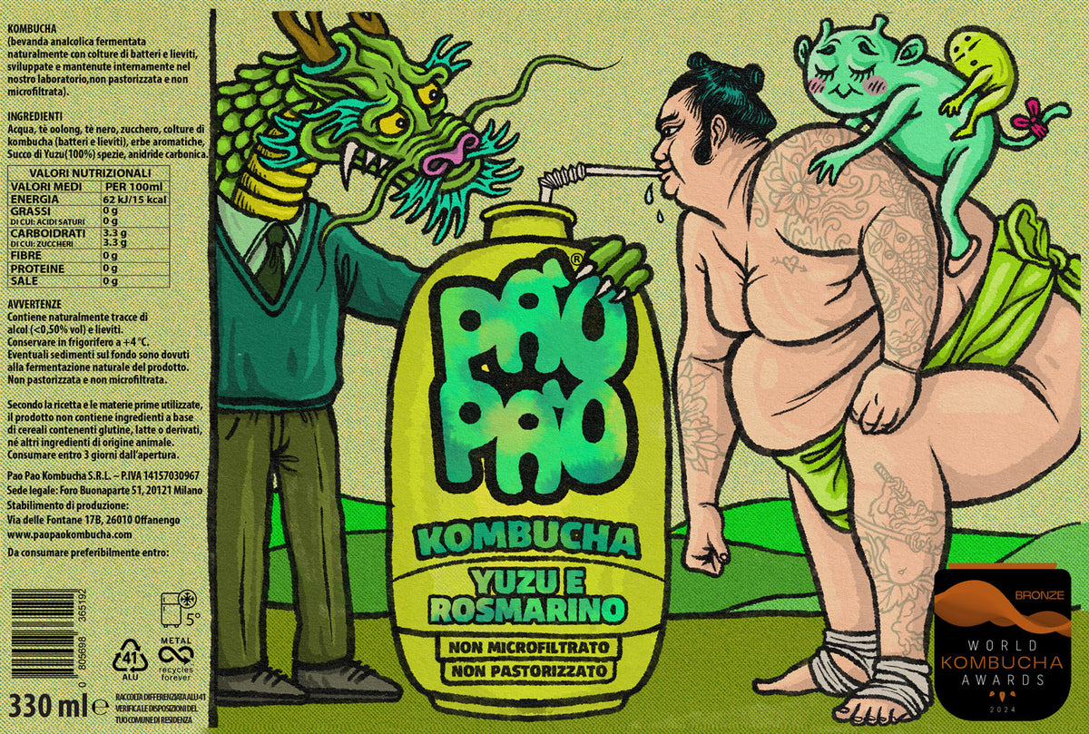 Etichetta kombucha Yuzu e Rosmarino Pao Pao illustrata