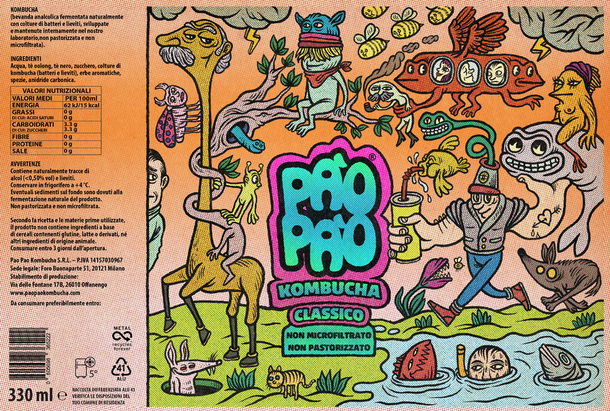 Etichetta kombucha Classico Pào Pào illustrata, ingredienti e valori nutrizionali